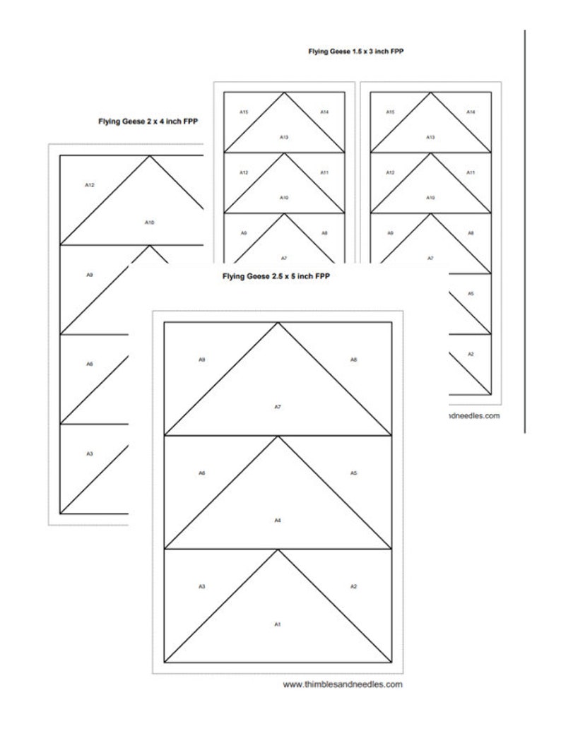 K&ouml;nnte beinhalten: Diagramm, das zeigt, wie man Stoff f&uuml;r einen Flying-Geese-Quiltblock in drei verschiedenen Gr&ouml;&szlig;en schneidet: 2 x 4 Zoll, 1,5 x 3 Zoll und 2,5 x 5 Zoll. Das Diagramm enth&auml;lt Beschriftungen f&uuml;r jedes Stoffst&uuml;ck.
