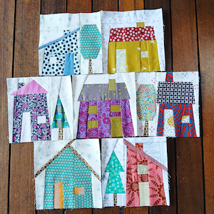 Modello per quilt con blocco di carta per patchwork FPP "Case e alberi nel bosco" (download digitale)