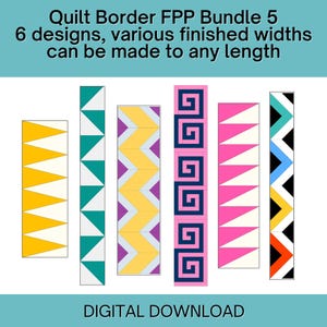 Op de afbeelding: Een digitale download met zes quilt border ontwerpen. De ontwerpen bevatten geometrische patronen in kleuren als geel, teal, roze en marineblauw. De tekst luidt "Quilt Border FPP Bundle 5" en "DIGITAL DOWNLOAD."