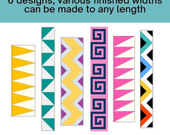 May include: A digital download featuring six quilt border designs. The designs include geometric patterns with colors like yellow, teal, pink, and navy. The text reads "Quilt Border FPP Bundle 5" and "DIGITAL DOWNLOAD."