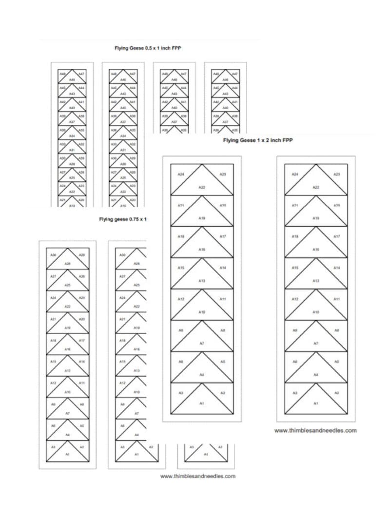K&ouml;nnte beinhalten: Diagramm, das zeigt, wie man Stoff f&uuml;r einen Flying-Geese-Quiltblock schneidet. Das Diagramm zeigt verschiedene Gr&ouml;&szlig;en von Flying-Geese-Bl&ouml;cken, darunter 0,5 x 1 Zoll, 0,75 x 1 Zoll und 1 x 2 Zoll. Das Diagramm enth&auml;lt Beschriftungen f&uuml;r jedes Stoffst&uuml;ck.
