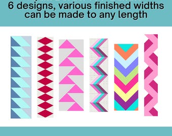 May include: A digital download graphic showing six quilt border designs. The designs include zigzags, diamonds, and triangles in colours such as pink, blue, and red. Text reads "Quilt Border FPP Bundle" and "Digital Download".