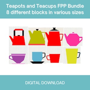 Könnte beinhalten: Ein digitaler Download von acht verschiedenen Teekannen und Teetassen in verschiedenen Größen. Die Teekannen sind rot, grün, pink und gelb. Die Teetassen sind lila, blau, rot und gelb.