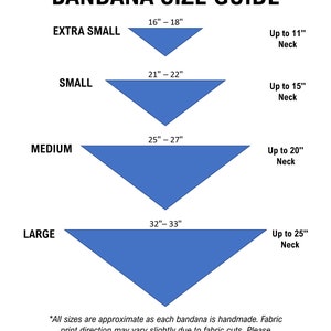 May include: Bandana size guide with four blue triangular bandanas labeled Extra Small (16"-18" neck), Small (21"-22" neck), Medium (25"-27" neck), and Large (32"-33" neck). Each size indicates the neck size it fits.