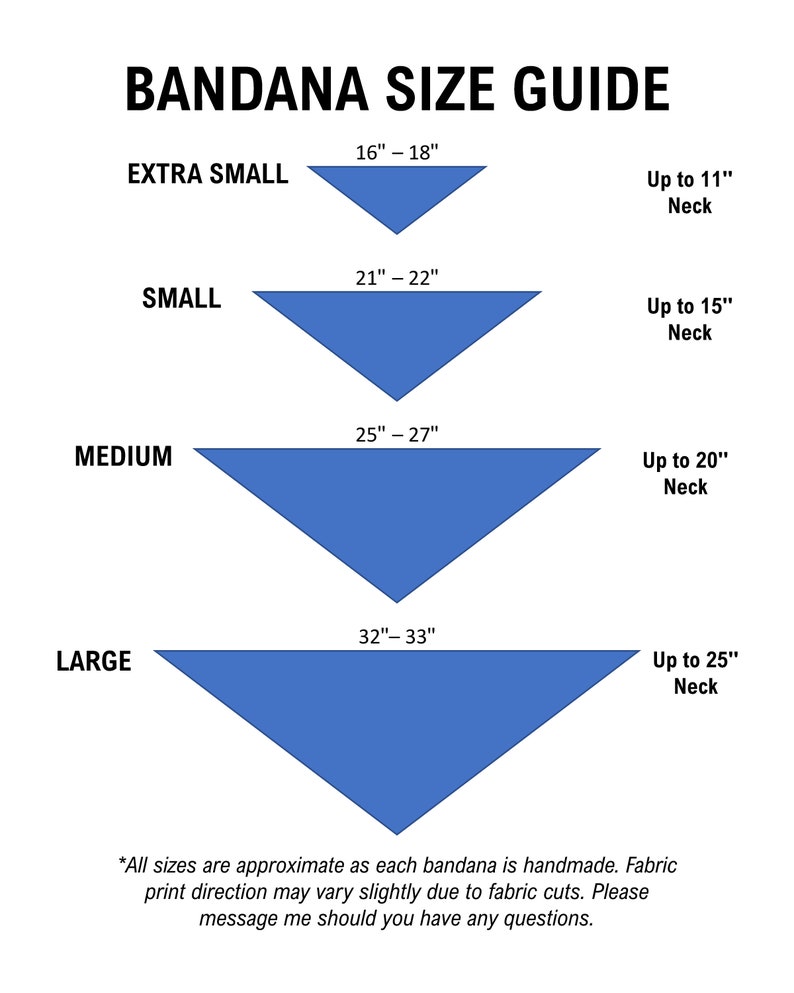 May include: Bandana size guide with four blue triangular bandanas labeled Extra Small (16"-18" neck), Small (21"-22" neck), Medium (25"-27" neck), and Large (32"-33" neck). Each size indicates the neck size it fits.