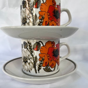 J & G Meakin Studio ‘Poppies’ Teacup and Saucer Duo - 1970’s Vintage Kitchenware Tea Coffee Cup