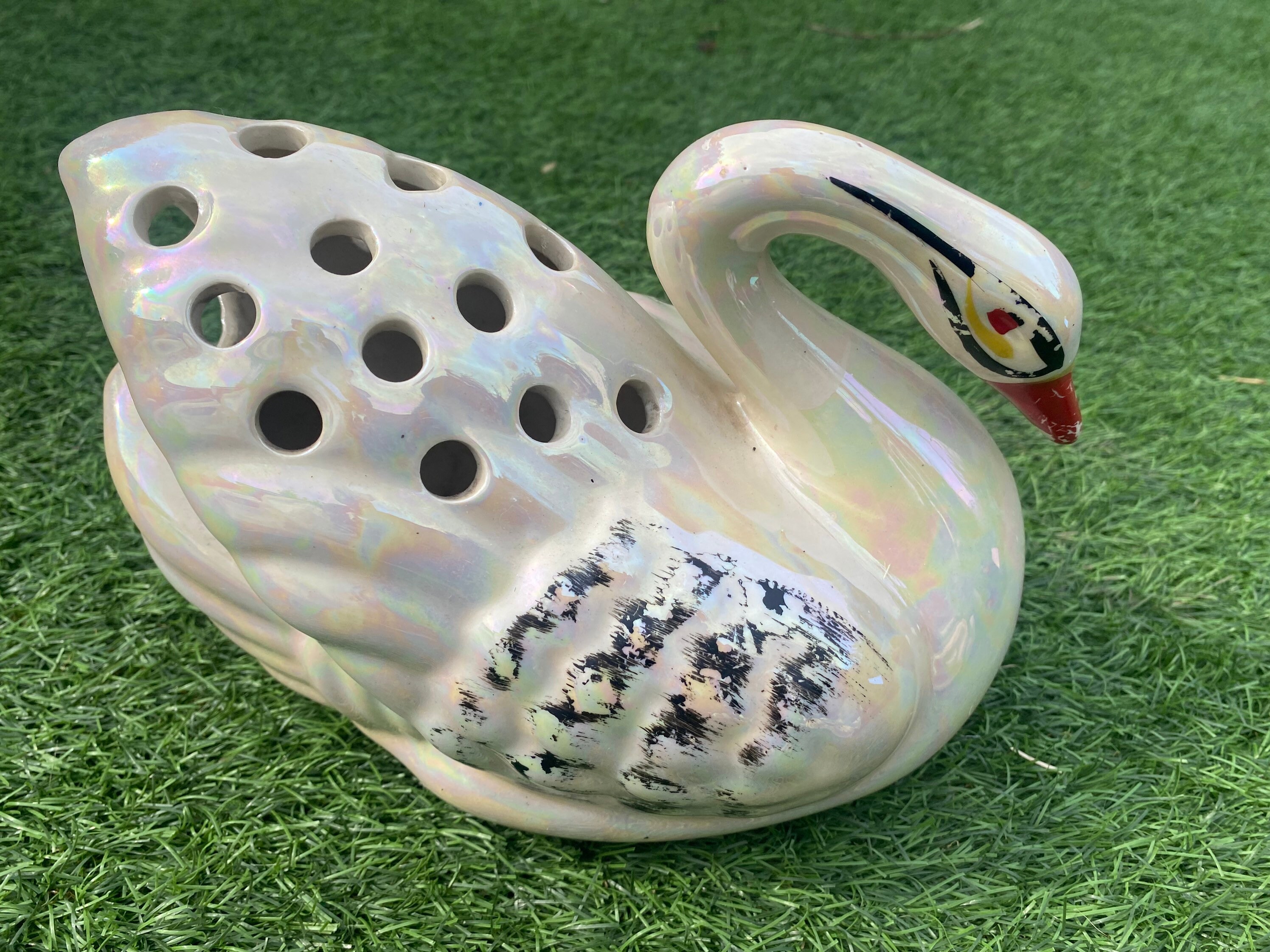 Vintage Pearlescent Ceramic Swan Flower Frog - Hand-painted Decor