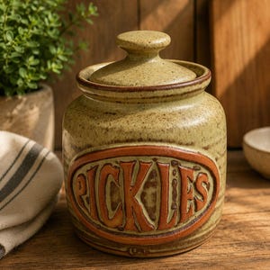 Vintage förvaringsburk för pickles | Rustik köksgryta i stengods | Konserveringsburk med lock från 1970-talet i Studio Pottery | Köksinredning i lantlig stil