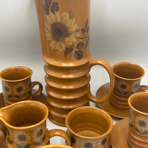 Vintage Carlton Ware Wellington solrosmönster kaffeservis från 1970-talet | Tillverkad i England | Retro brun kanna, koppar, fat, mjölkkanna, sockerskål