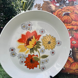 Könnte beinhalten: Weißer Keramikteller mit einem Blumendesign mit orangefarbenen, gelben und grünen Blumen. Die Blumen sind von weißen Gänseblümchen umgeben.