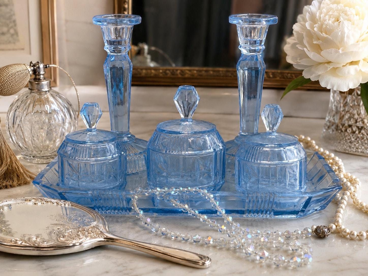 Blue Glass Vanity Set