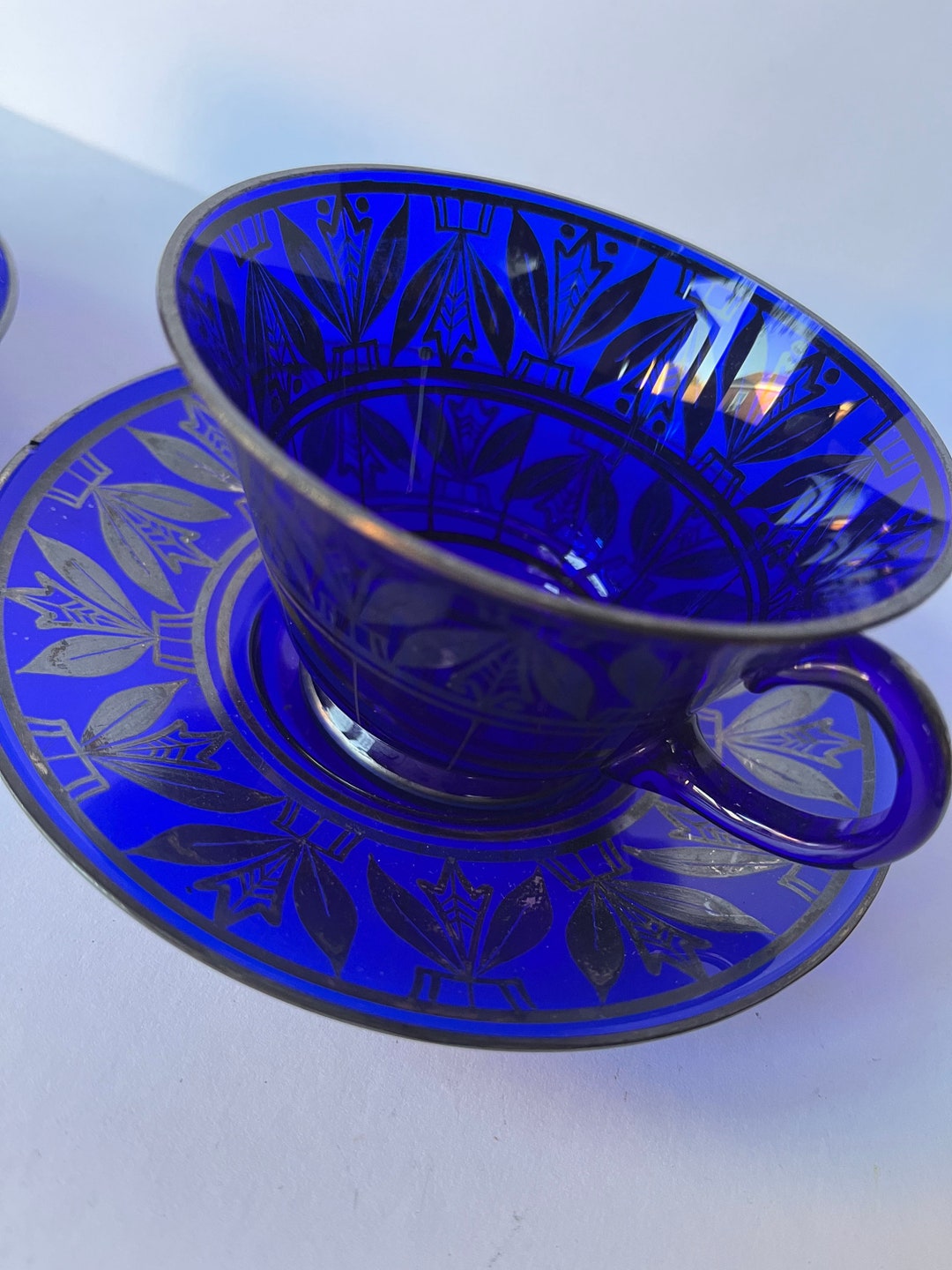 Pair Cobalt Blue Glass Tea Cup & Saucer Duos Vintage Etsy