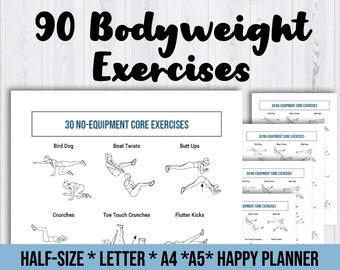 Referencia de ejercicio de peso corporal imprimible / 90 ejercicios ilustrados / 10 páginas / Entrenamiento sin equipo / Entrenamiento de la parte superior del cuerpo, parte inferior del cuerpo, abdominales