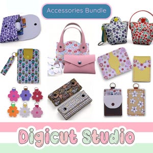 Accessories bundle svg. Pouch svg. Mini tote svg. Flower key chain. Phone pouch svg. Hand sew svg. Rivet pouch svg. Cutting file bundle. B2.