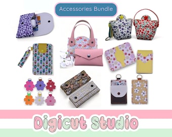 Accessories bundle svg. Pouch svg. Mini tote svg. Flower key chain. Phone pouch svg. Hand sew svg. Rivet pouch svg. Cutting file bundle. B2.