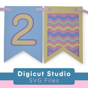 Banderines con números en formato SVG. Banderines con ondas. Banderines de fiesta en tonos pastel. Cumpleaños importante. Decoración para tarta smash. Decoración para trona. Primer cumpleaños. PR20