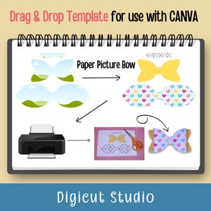 May include: A printable template for a paper picture bow. The template shows a yellow bow, a bow with a heart pattern, and a bow with a landscape pattern. The template is designed for use with Canva and Digicut Studio.