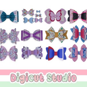 Haarschleife Starter Bundle SVG.  Haarschleife Schneidevorlage SVG. Über 15 Haarschleifen.  Bunt gemischtes Bogen-Bundle. Klassische Bogenkante. Doppellagige Schleife.