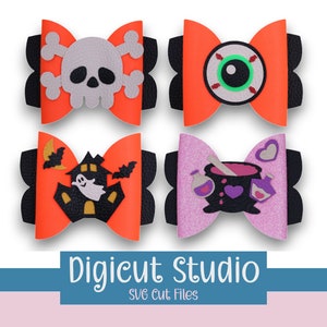 Trick or Treat hair bow set SVG.  Halloween hair bows SVG. Skull hair bow, Love Potion bow, Evil eye bow, Haunted house bow.   Fancy dress.