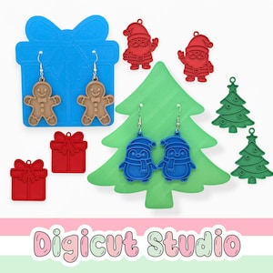 May include: A selection of festive earrings featuring gingerbread men, Santa Claus figures, penguins, Christmas trees, and gift boxes. The earrings are in brown, red, green, and blue. The image includes the text "Digicut Studio" at the bottom.