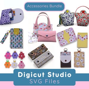 Pacote de acessórios svg. Bolsa svg. Mini bolsa svg. Chaveiro de flores. Bolsa para celular svg. Costura à mão svg. Bolsa de rebites svg. Pacote de arquivo de corte. B2.