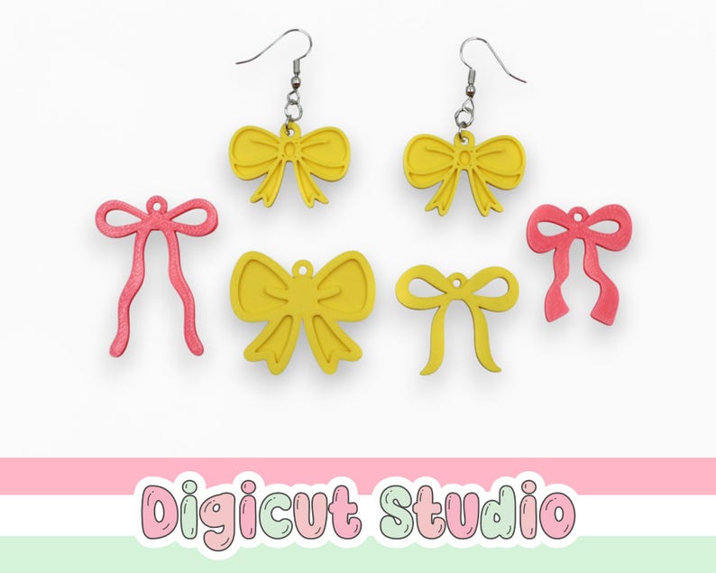 May include: A collection of yellow and pink bow-shaped earrings and charms. Two yellow bow earrings hang from silver hooks. The other bows are flat, with a hole for stringing. The text "Digicut Studio" is at the bottom.