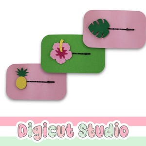 Tropical bobby pin slides SVG.  Hibiscus Bobby pin decoration svg. Monstera Leaf svg. Pineapple SVg. Display card SVG.  Hair pin. HB188