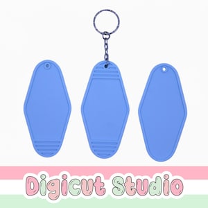 May include: Three light blue motel-style keychains with a metal ring and chain. The keychains are oval-shaped with a textured design at the bottom. The Digicut Studio logo is at the bottom of the image.