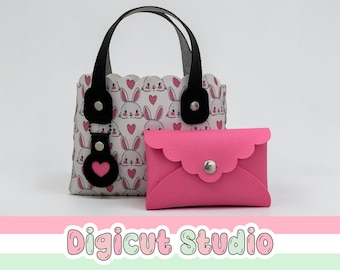 Mini Scalloped Shopping Tote, Heart Key chain & no sew pouch svg. Tween accessories. Rivet project. HS76.