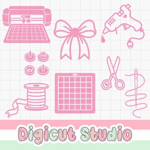 May include: Pink line art illustrations of crafting tools, including a cutting machine, bow, glue gun, scissors, sewing needle, and a spool of ribbon. The image also includes the text "Digicut Studio".