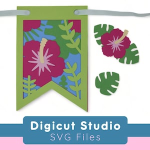 Tropical Bunting svg. Hibiscus pennant.  Leaf bunting. Party decoration. Card stock project. Hibiscus cupcake topper. Cake decoration. PR17.