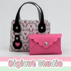 Mini Scalloped Shopping Tote, Heart Key chain & no sew pouch svg. Tween accessories. Rivet project. HS76.