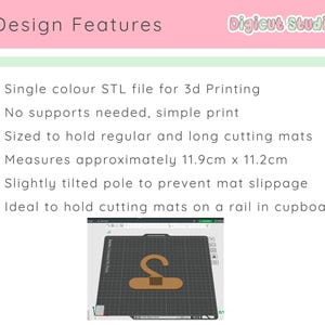 May include: A graphic showing design features for a 3D-printed cutting mat holder. The holder is designed to hold regular and long cutting mats. The dimensions are approximately 4.7 inches by 4.4 inches. The image includes the text "Design Features" and "Digicut Studio".