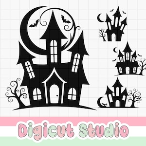 May include: Black Halloween-themed digital art featuring a haunted house silhouette with a crescent moon and bats. The image includes the text "Digicut Studio" in a playful font, ideal for crafting projects.