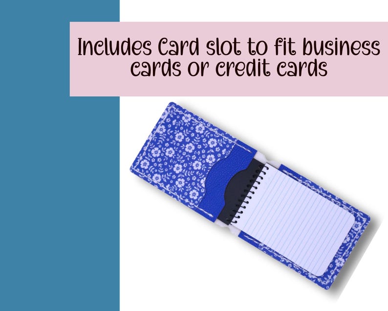 May include: Blue floral print notebook cover with a card slot. The cover is open, revealing a small notepad with lined paper. The text "Includes Card slot to fit business cards or credit cards" is displayed above the cover.