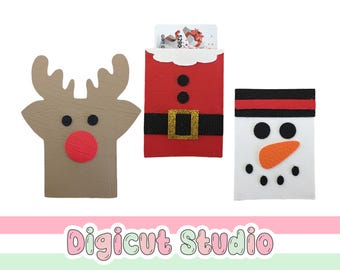 Christmas Gift card holder SVG.  Santa, reindeer, snowman card holder Template svg. Gift wrapping. Leatherette project. Cutting File.  AC29.