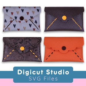 Pochettes compactes à coudre à la main svg. Pochette enveloppe.  Porte-cartes svg. Pochette pour pièces de monnaie svg. Pochette festonnée. Surpiqûres traditionnelles en cuir. SH128.