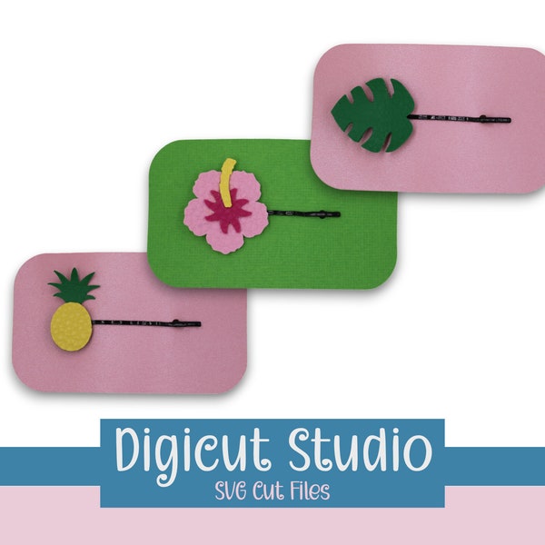 Tropical bobby pin slides SVG.  Hibiscus Bobby pin decoration svg. Monstera Leaf svg. Pineapple SVg. Display card SVG.  Hair pin. HB188
