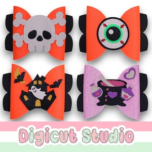 Set de lazos para el pelo con temática de Truco o Trato (SVG). Lazos para el pelo de Halloween (SVG). Lazos de calavera, poción de amor, ojo malvado, casa embrujada. Disfraces.