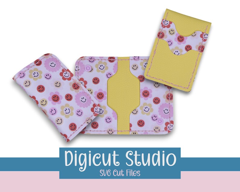 May include: Three wallet designs featuring a pink and white fabric with a repeating pattern of yellow smiley faces. The wallets are yellow, pink, and white.