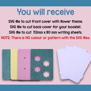 以下が含まれることがあります： 花をテーマにした小冊子を切るための3つのSVGファイル。ファイルには、表紙、裏表紙、112mm&times;80mmの書き込み用紙が含まれています。SVGファイルには、色やパターンは含まれていません。