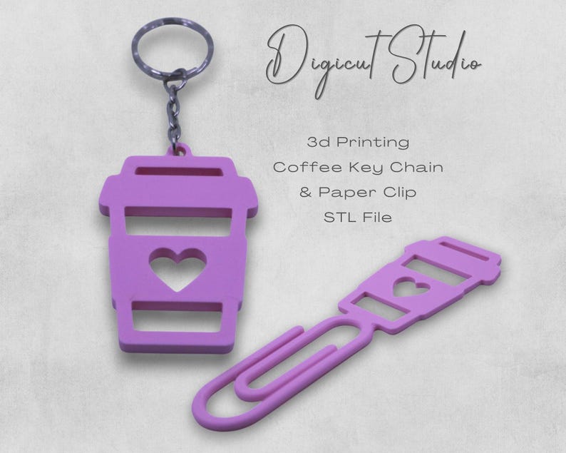 May include: A purple coffee cup-shaped keychain with a heart cutout, attached to a metal ring. Beside it is a matching purple paper clip. The image includes the text "Digicut Studio" and "3D Printing Coffee Key Chain & Paper Clip STL File."