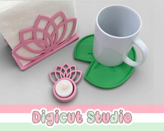 3d printing Lotus Set STL. Lotus serviette holder stl. Lotus battery tealight candle holder stl. Lilypad coaster. Lotus Napkin holder D45.