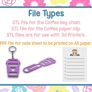 May include: A digital file set includes an STL file for a purple coffee cup keychain and a matching paper clip, plus a PDF note sheet. The text on the image reads "File Types" and describes the file types.