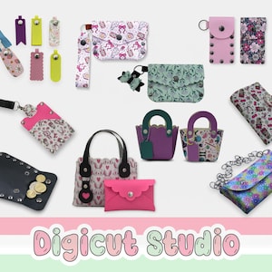 Può includere: Una collezione di varie piccole borse, pochette e accessori in una varietà di colori e motivi. Gli articoli includono una pochette nera borchiata, piccole borse e un portafoglio rosa. L'immagine presenta anche tiralampo ed etichette.