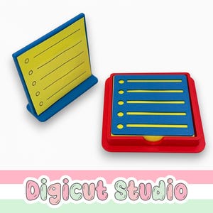 May include: Two colourful list-shaped objects. One is upright, blue with a yellow list, and the other is flat, red with a blue and yellow list. The objects have a playful, cartoonish design, ideal for organizing tasks or notes.