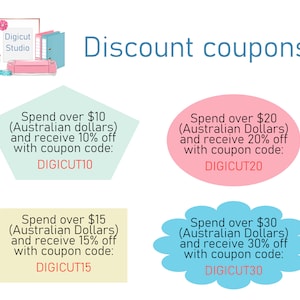 May include: A graphic with four discount coupons for purchases over $10, $15, $20, and $30 (Australian dollars). Each coupon offers a discount of 10%, 15%, 20%, and 30% off, respectively, with unique coupon codes: DIGICUT10, DIGICUT15, DIGICUT20, and DIGICUT30.