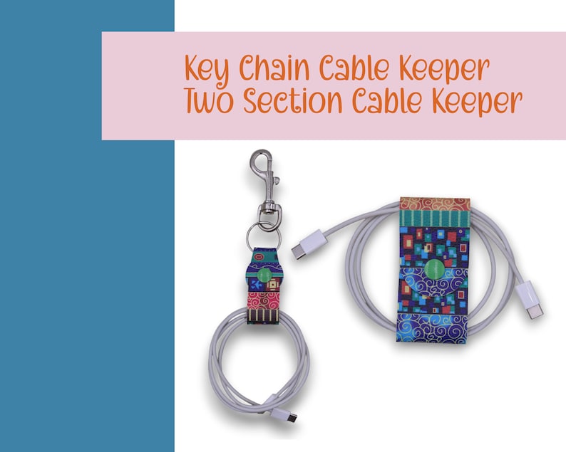 May include: A colorful patterned cable keeper with a key chain attachment. The cable keeper is designed to hold a charging cable and keep it organized. The cable keeper is made of fabric and has a green button.