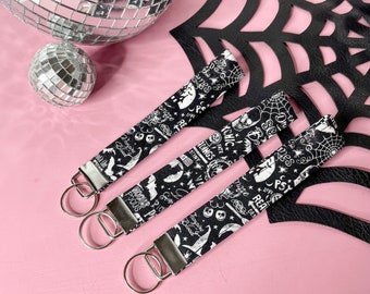 Black and White Spooky Things Wristlet Key Fob, Halloween Key Fob, Spooky Wristlet, Fabric Key Chain, Keyring Holder