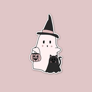 Cute Ghost with Ghost Kitty Sticker, Witchy Sticker, Pink Ghosts, Pink Halloween Sticker